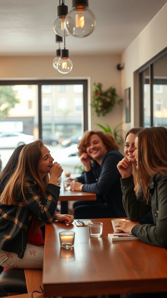 A group of friends enjoying drinks and laughter in a cozy café.