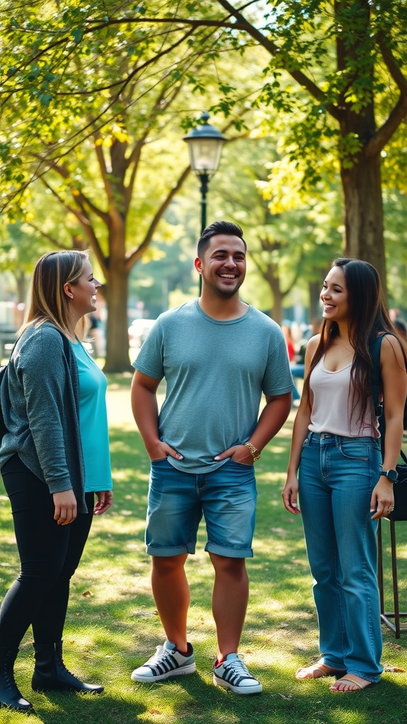Three friends laughing and enjoying time together in a sunny park.