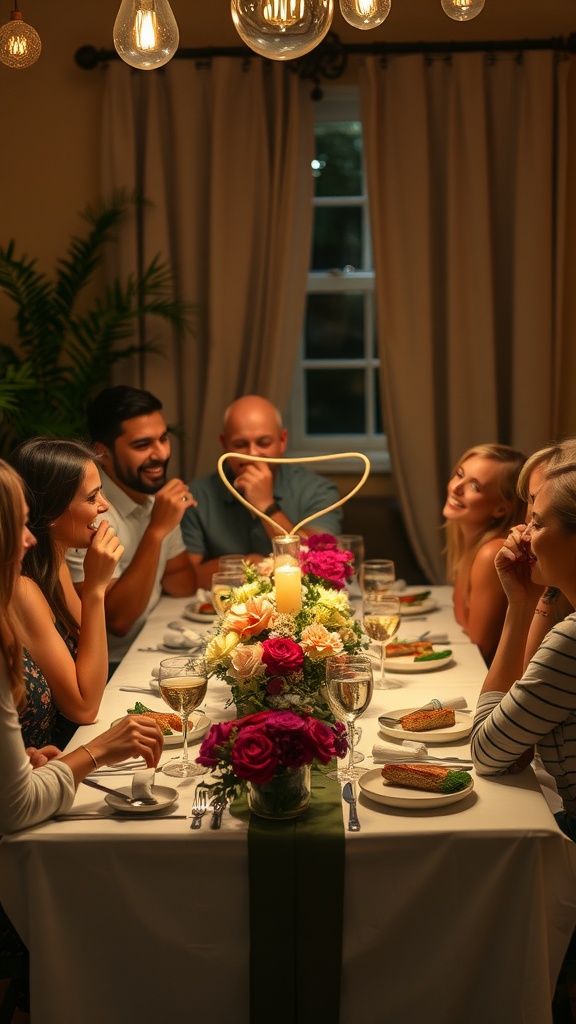 A group of friends enjoying a dinner together, seated around a beautifully decorated table with flowers and drinks.
