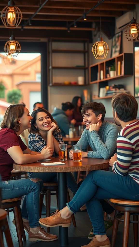 A group of friends laughing and enjoying drinks at a café, showcasing positive relationships.