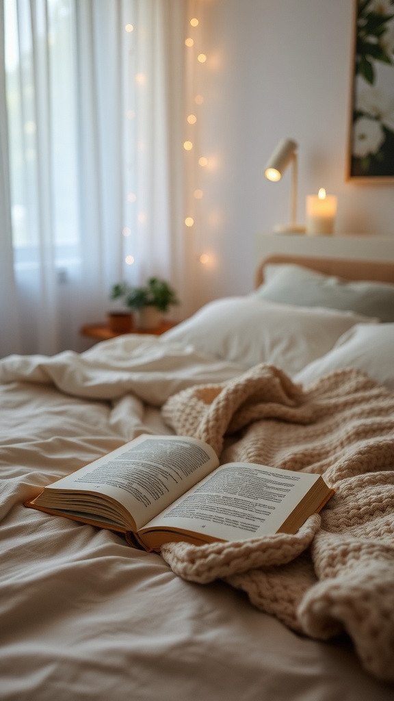 A cozy bedroom with an open book, soft blanket, and warm lighting.