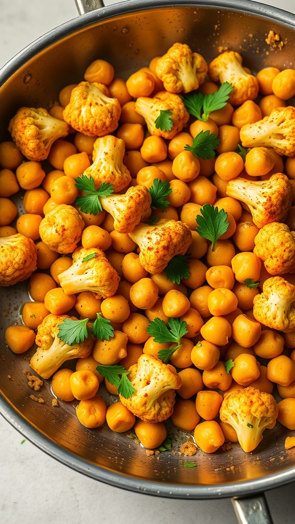 A bowl of curried cauliflower and chickpeas garnished with fresh cilantro.