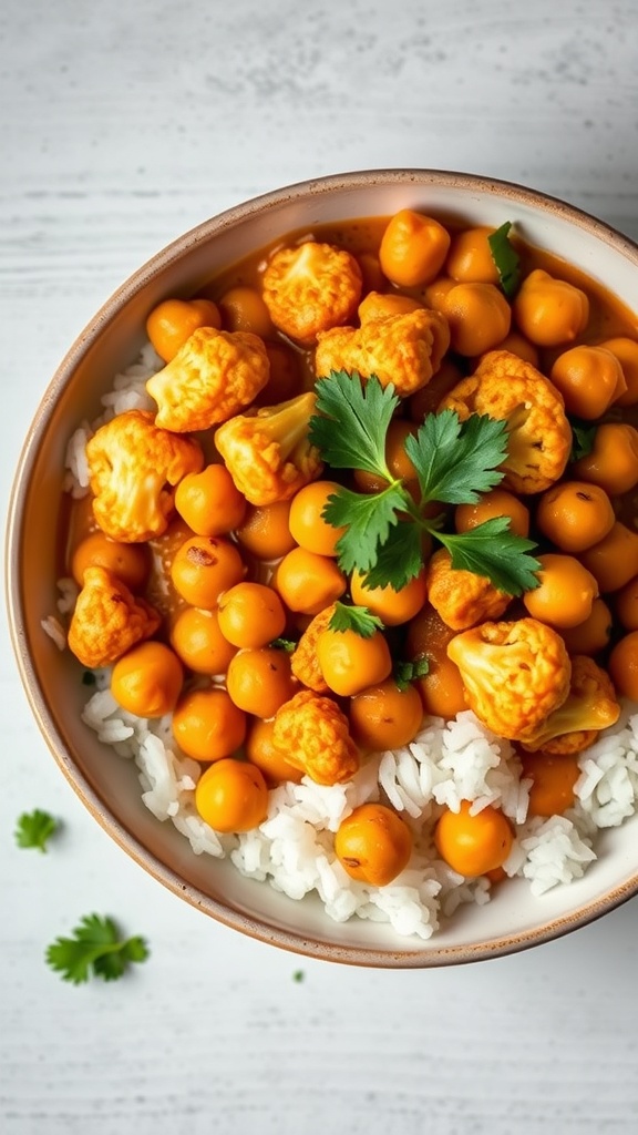 A bowl of curried cauliflower and chickpeas served over rice, garnished with cilantro.