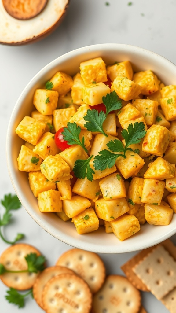 A bowl of curried egg and potato salad with fresh parsley and crackers on the side.