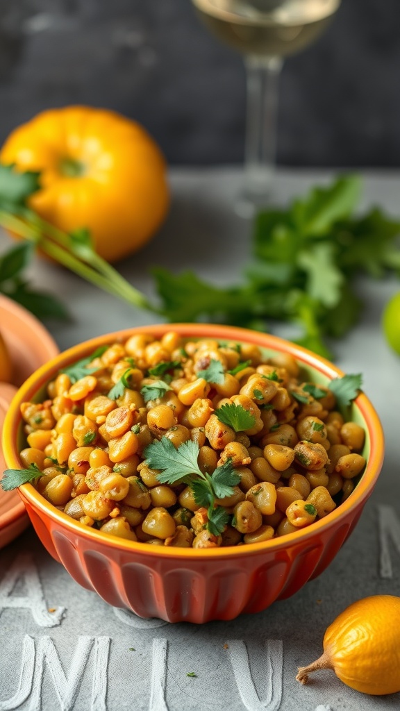 A colorful bowl of curried lentil salad with fresh herbs and spices.