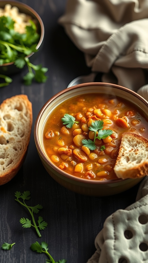 A bowl of curried lentil soup with a slice of bread and cilantro garnish.
