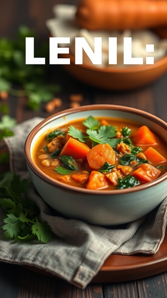 A bowl of curried lentil stew with vegetables and spices, garnished with fresh cilantro.