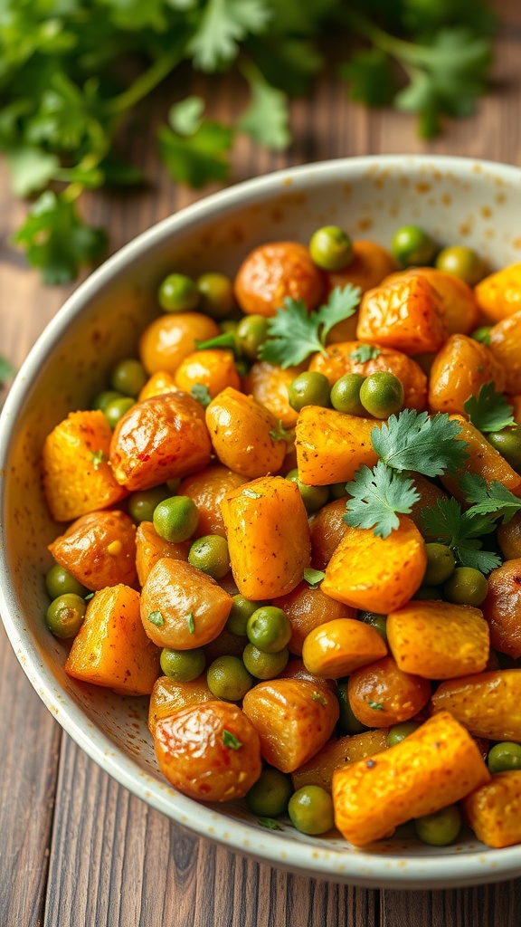 A bowl of curried potatoes and peas garnished with cilantro.