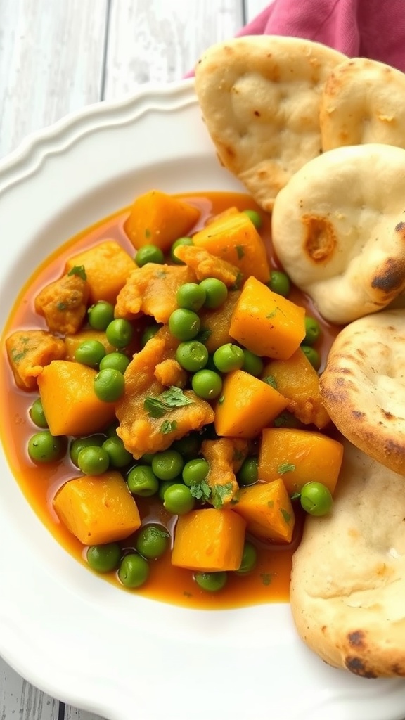 A bowl of curried potatoes and peas served with naan bread.
