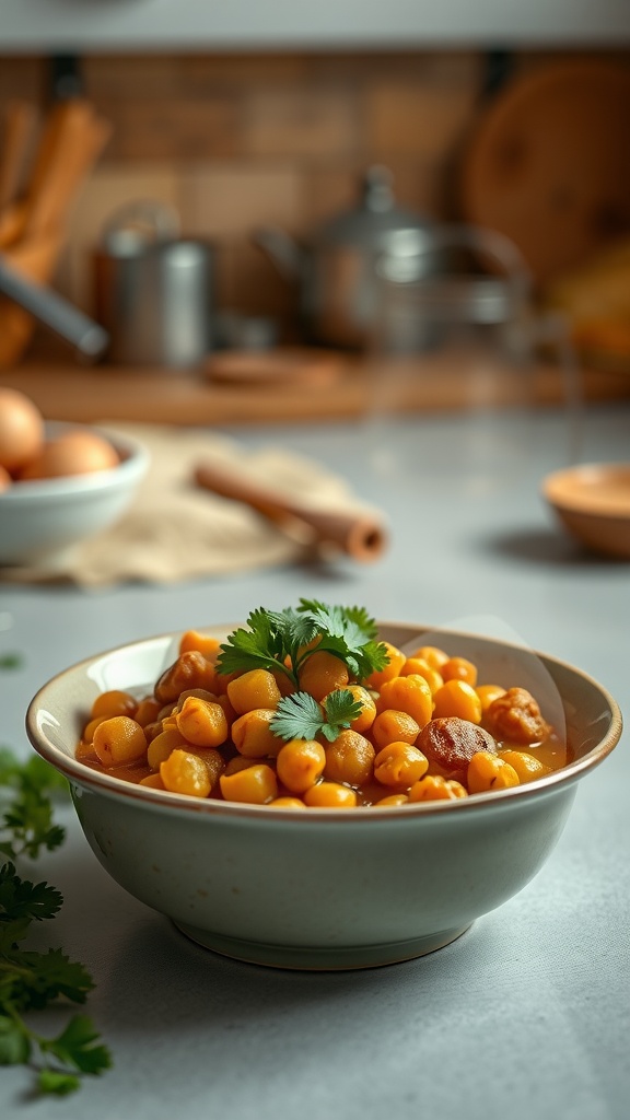 A bowl of curried vegetable and chickpea stew garnished with cilantro