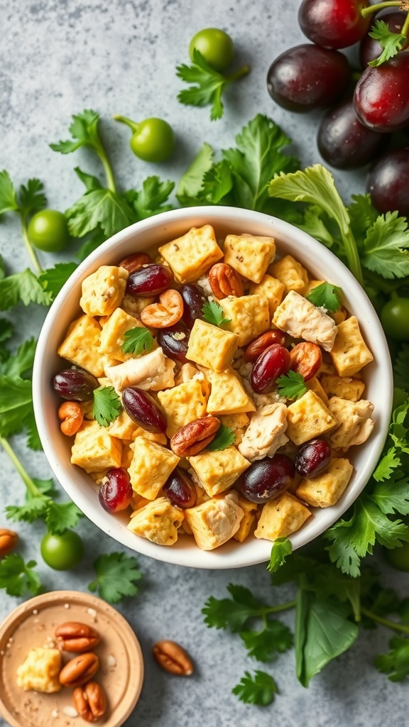 A bowl of curry chicken salad with grapes and nuts, garnished with cilantro.