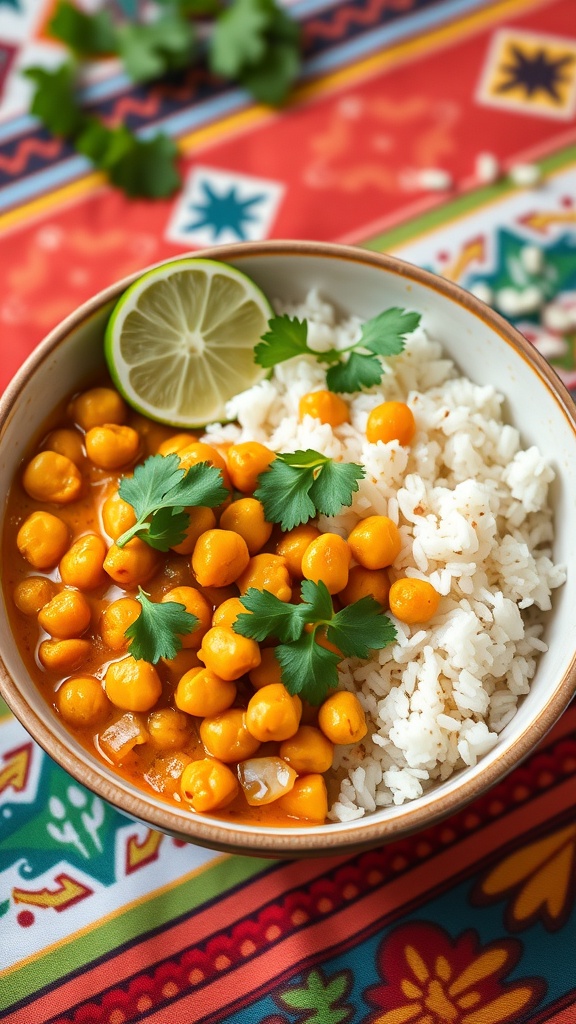 A colorful bowl of curry chickpeas served with rice, garnished with cilantro and lime.