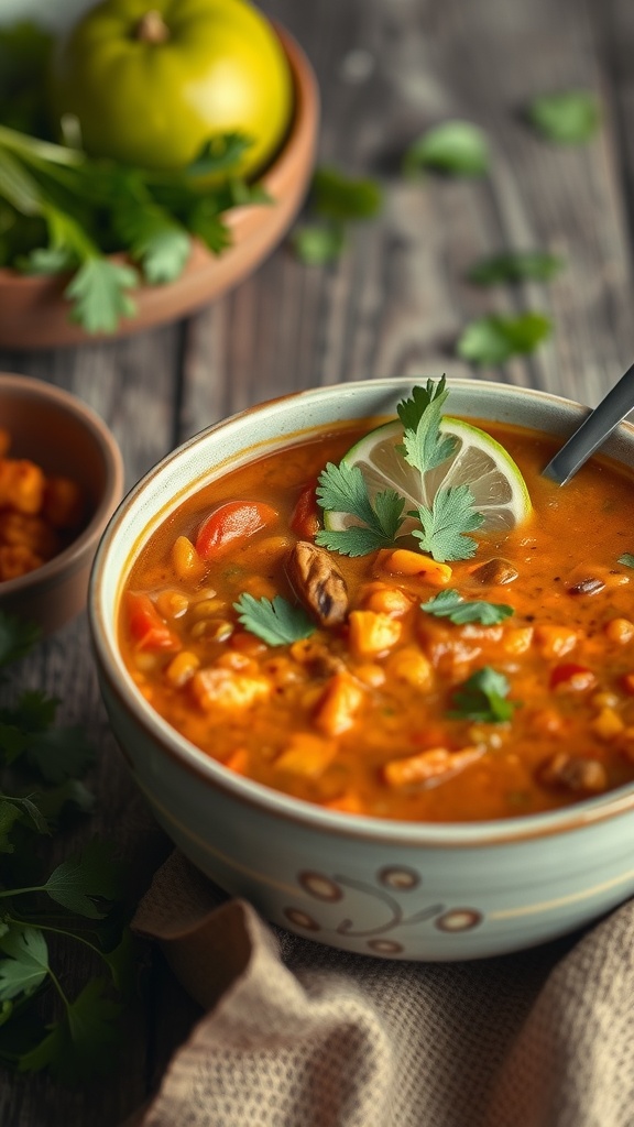 A bowl of curry lentil soup garnished with cilantro and lime, with fresh ingredients in the background.