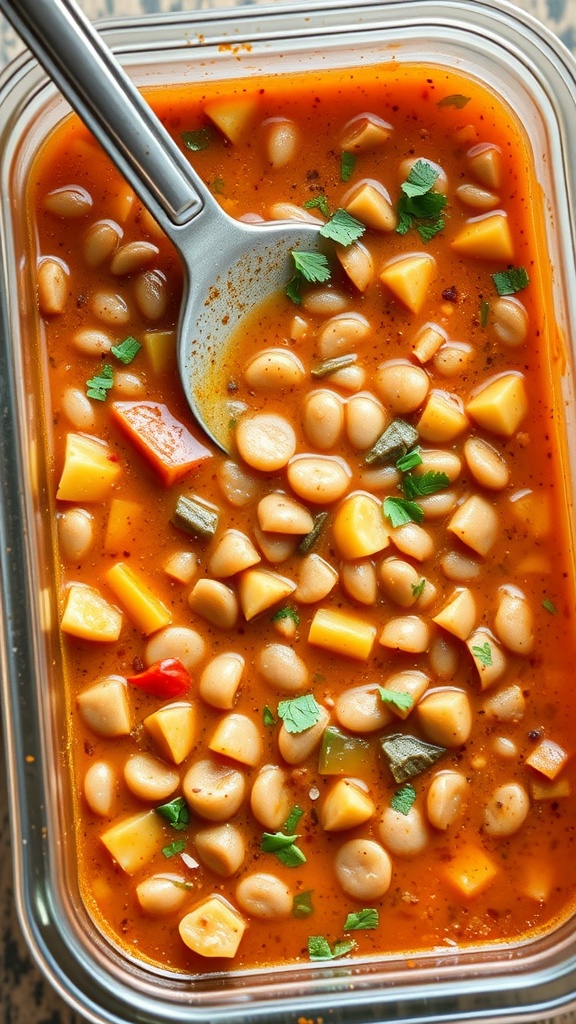 A bowl of curry lentil soup with diced vegetables and herbs.