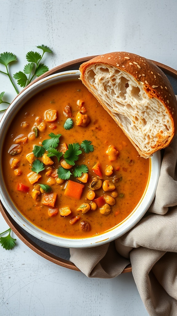 A bowl of curry lentil soup with vegetables and a piece of bread on the side.