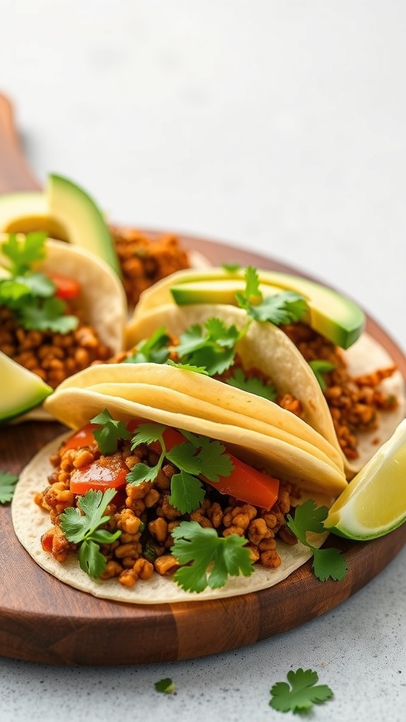 Curry lentil tacos with fresh toppings on a wooden platter