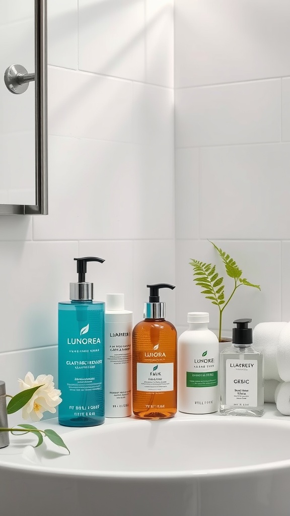 A collection of skincare products on a bathroom sink, including cleansers, toners, and moisturizers set against a clean, bright background.