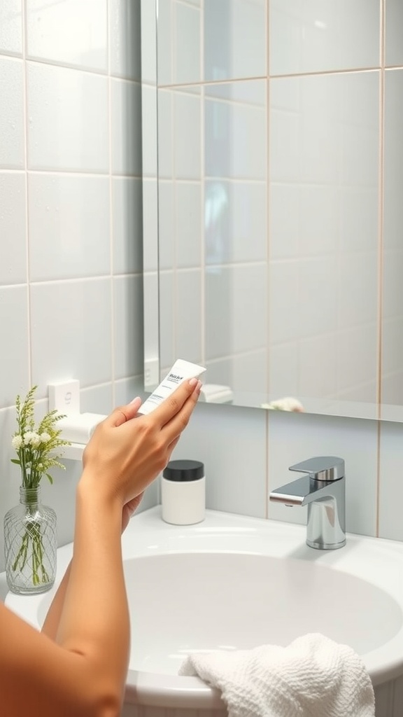 A person preparing to cleanse their face in a bright bathroom, holding a tube of cleanser.