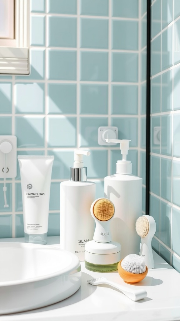 A bright bathroom counter with various skincare products and tools designed for oily skin cleansing.