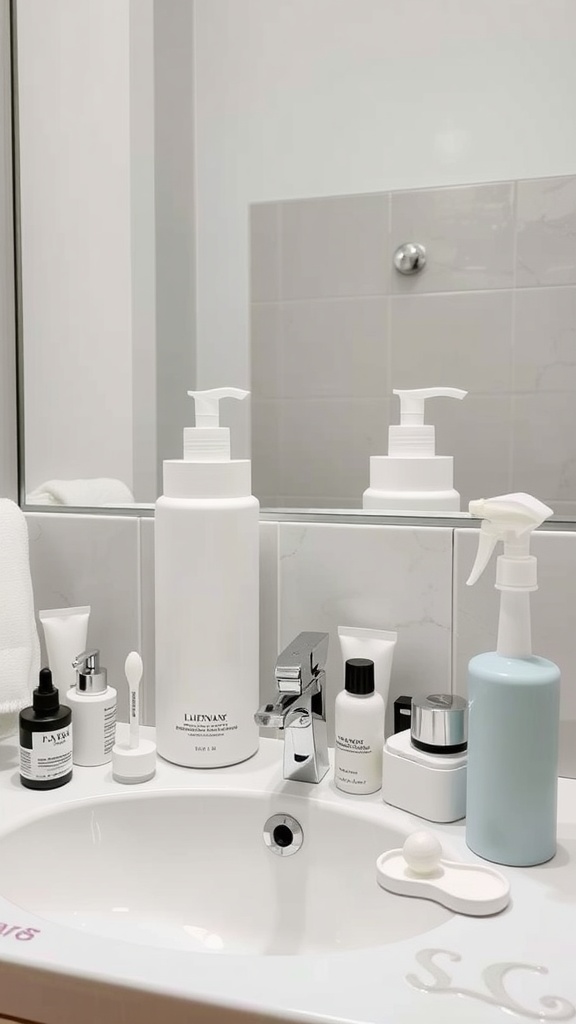 A clean sink area with various skincare products arranged neatly, emphasizing a daily skincare routine.