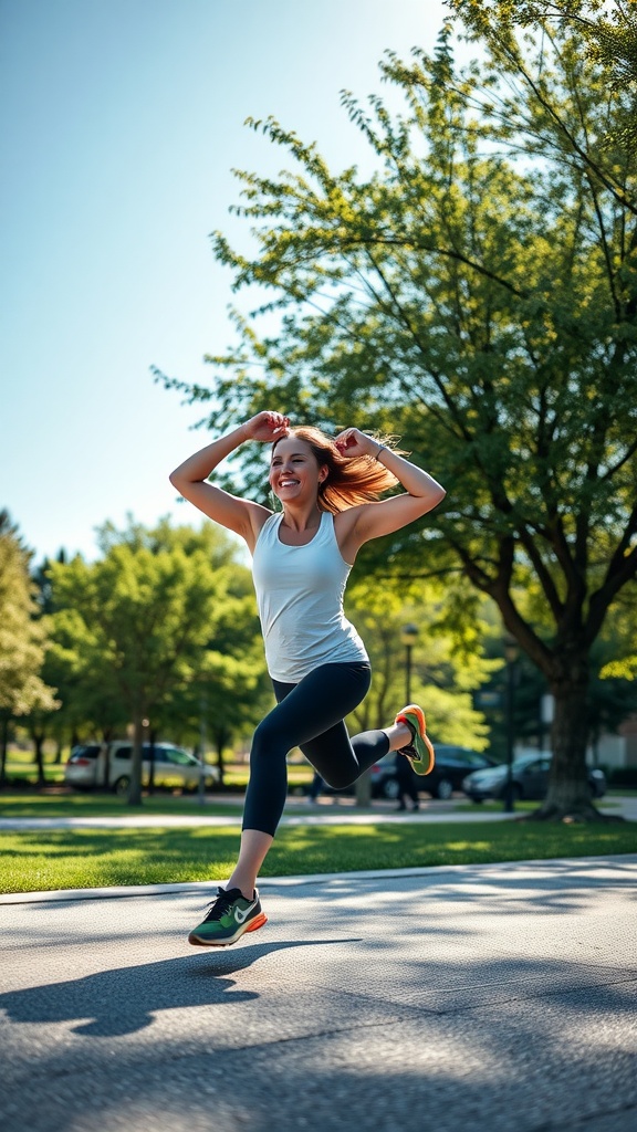 A woman joyfully running in a park, showcasing vitality and happiness.
