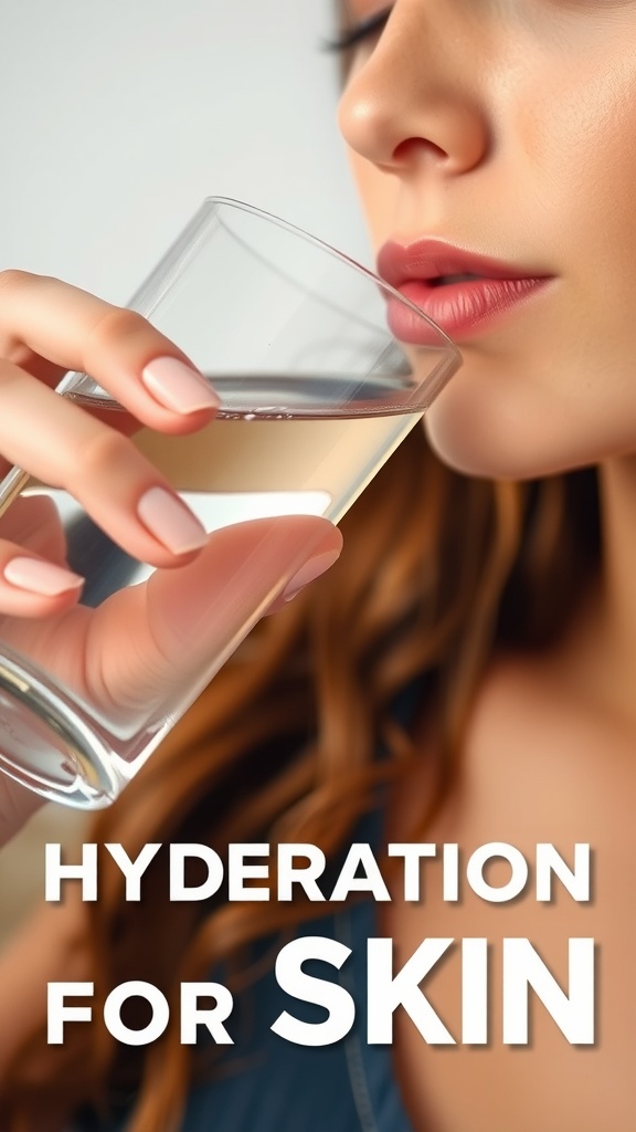 A close-up of a person drinking water, highlighting the importance of hydration for skin health.