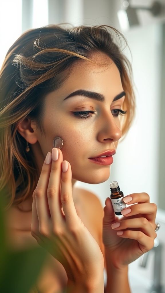A woman applying serum to her face while holding a small bottle of skincare product.