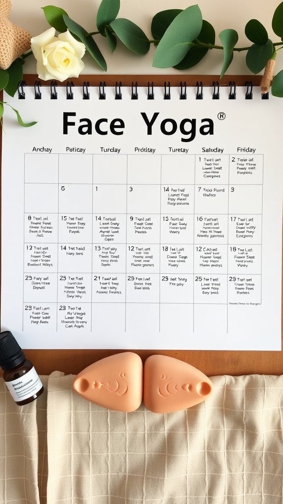 A calendar for Face Yoga with daily exercises, facial massagers, and essential oils.