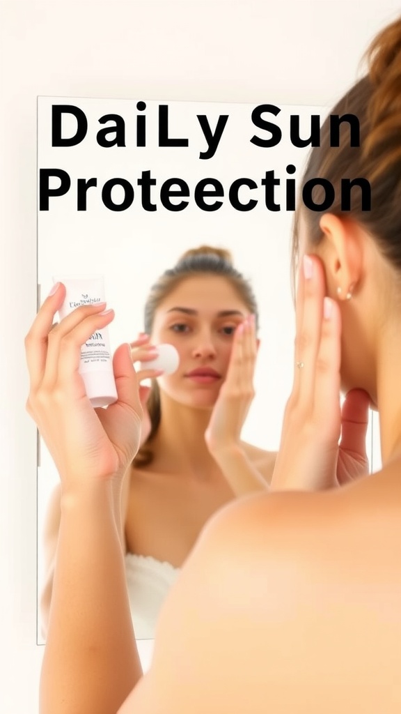 A woman applying sunscreen in front of a mirror