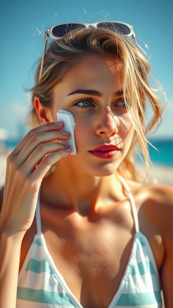 A woman applying sunscreen to her face at the beach