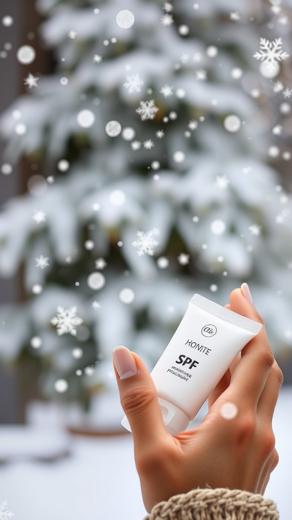 A hand holding a tube of SPF skincare in a snowy setting, emphasizing winter sun protection.
