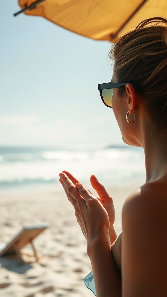 A person relaxing on the beach under a sunshade, wearing sunglasses and enjoying the ocean view.