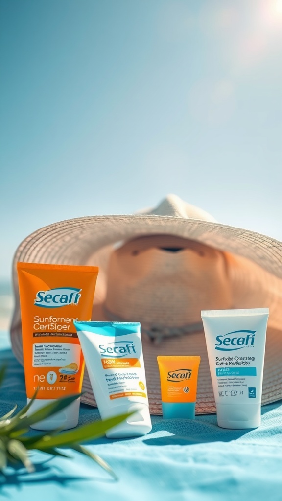 A collection of sun protection products next to a wide-brimmed hat on a blue surface with a clear sky