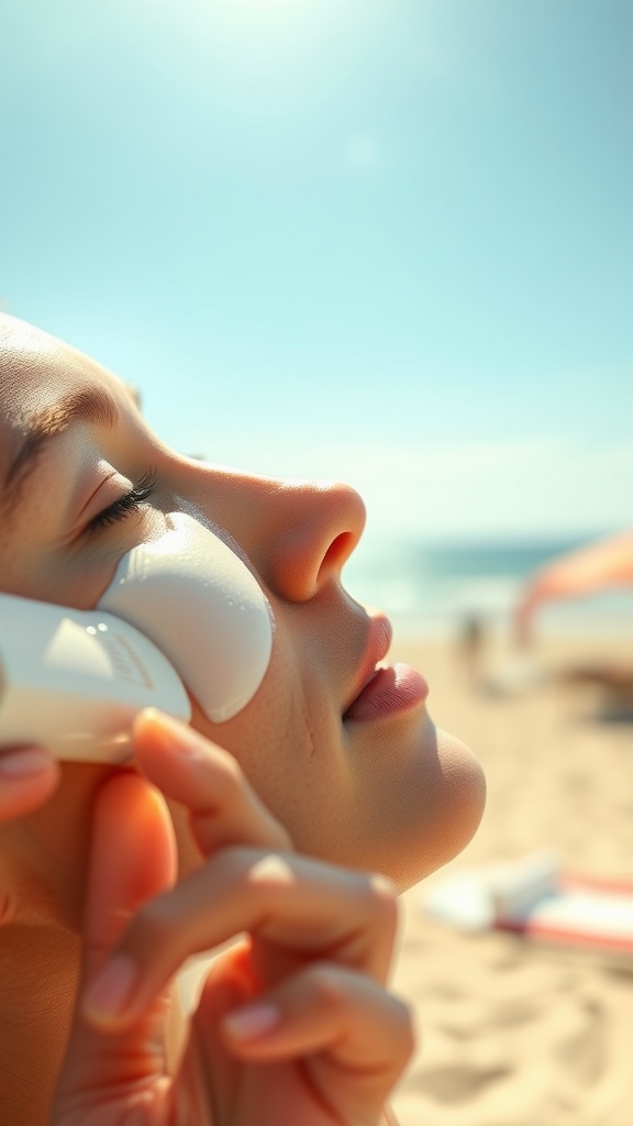 A person applying sunscreen on their face at the beach under the sun