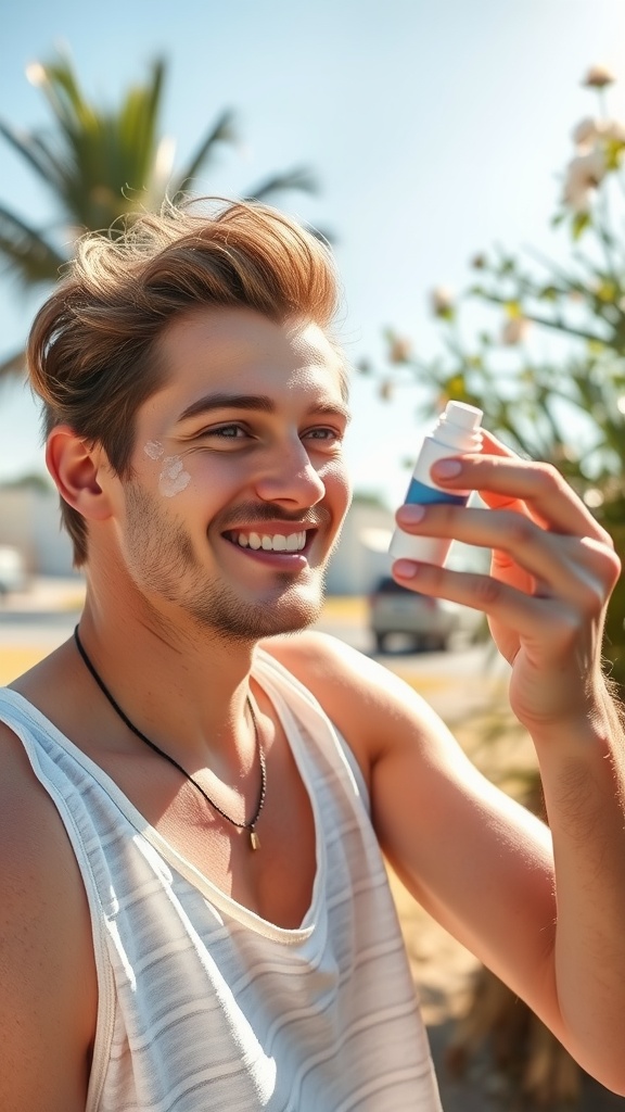 A young man smiling while holding a bottle of sunscreen, preparing to apply it on a sunny day near some plants.