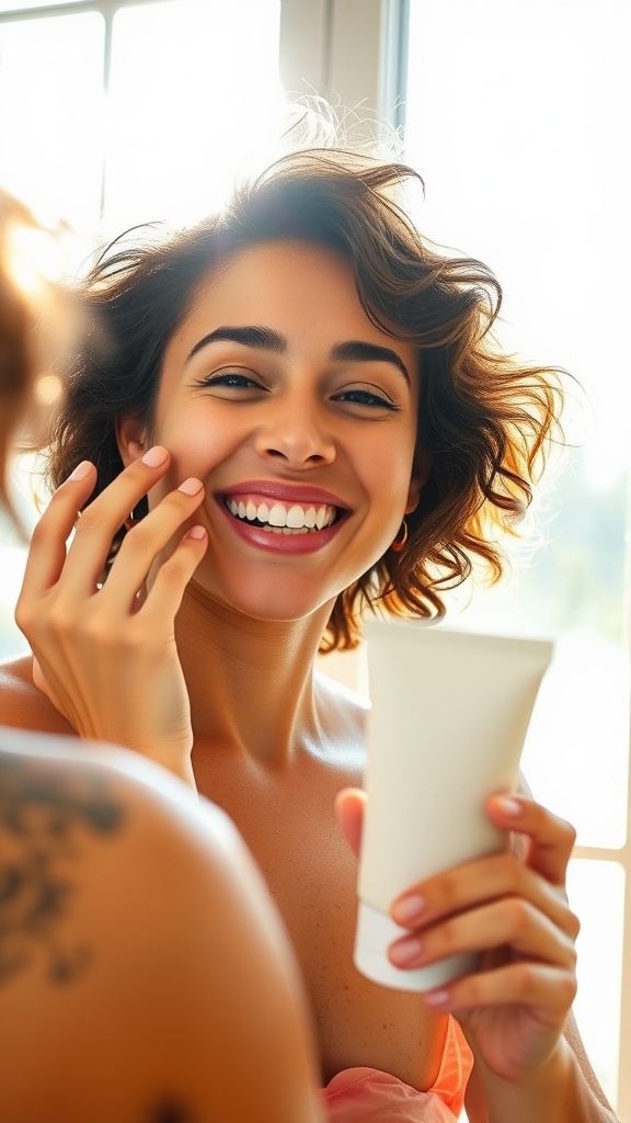 A smiling woman applying sunscreen to her face, holding a tube of sunscreen in her hand.