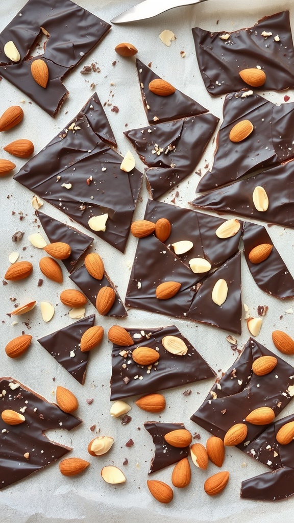 Dark chocolate almond bark broken into pieces with whole almonds sprinkled on top.