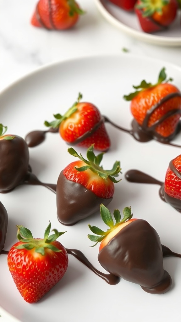 Dark chocolate dipped strawberries on a white plate