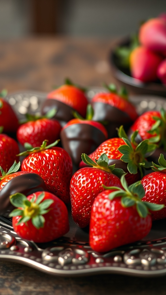 Dark chocolate dipped strawberries arranged on a decorative plate.