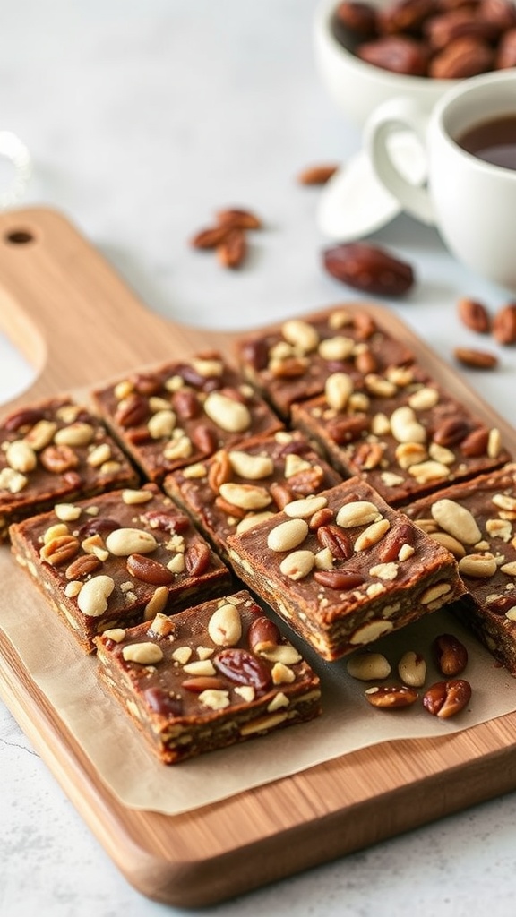 Chewy and crunchy date and nut energy bars on a wooden cutting board, topped with mixed nuts.