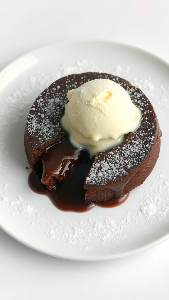 A delicious chocolate lava cake served with a scoop of vanilla ice cream on top.