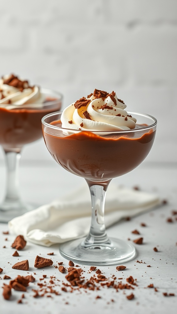 A glass of chocolate mousse topped with whipped cream and chocolate shavings