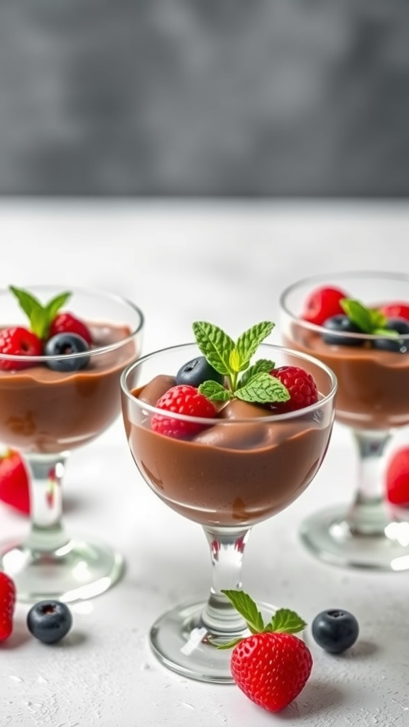 Bowls of chocolate mousse topped with berries and mint leaves