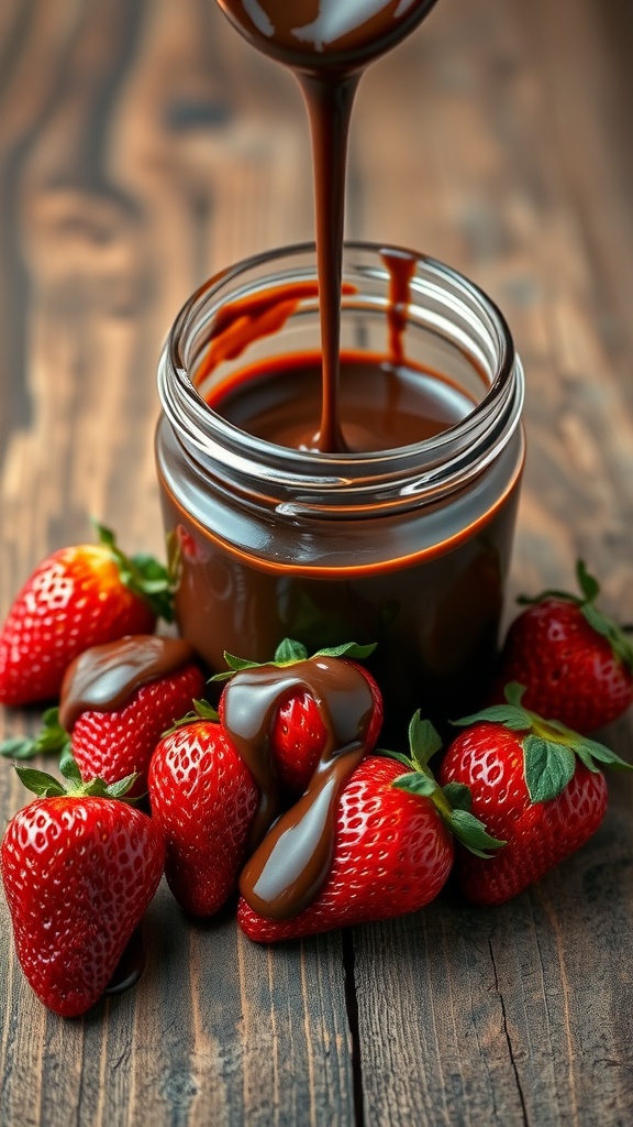 A jar of rich chocolate sauce surrounded by fresh strawberries.