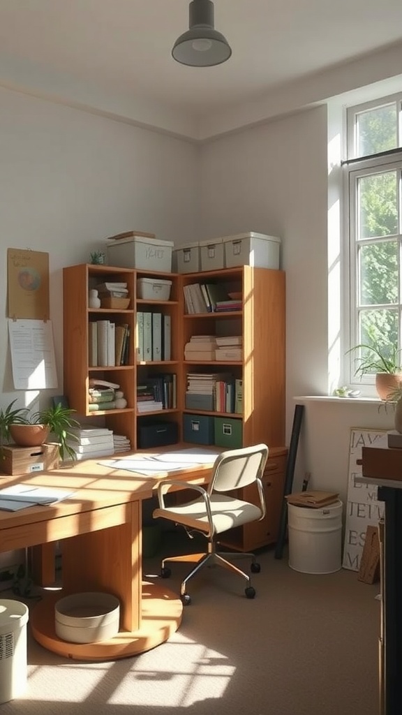 A well-organized office space with wooden furniture and plants, showcasing a decluttered environment.