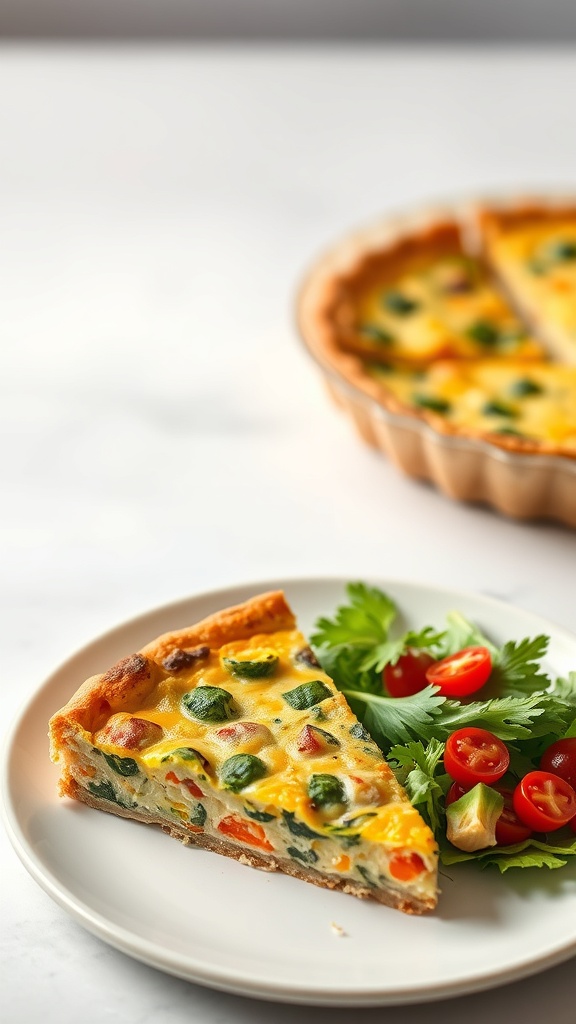 A slice of colorful quiche served with a side salad.