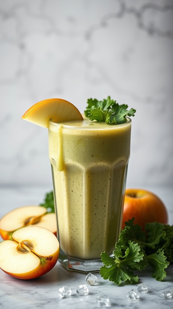 A refreshing detox green apple smoothie in a tall glass, garnished with a slice of apple and kale.