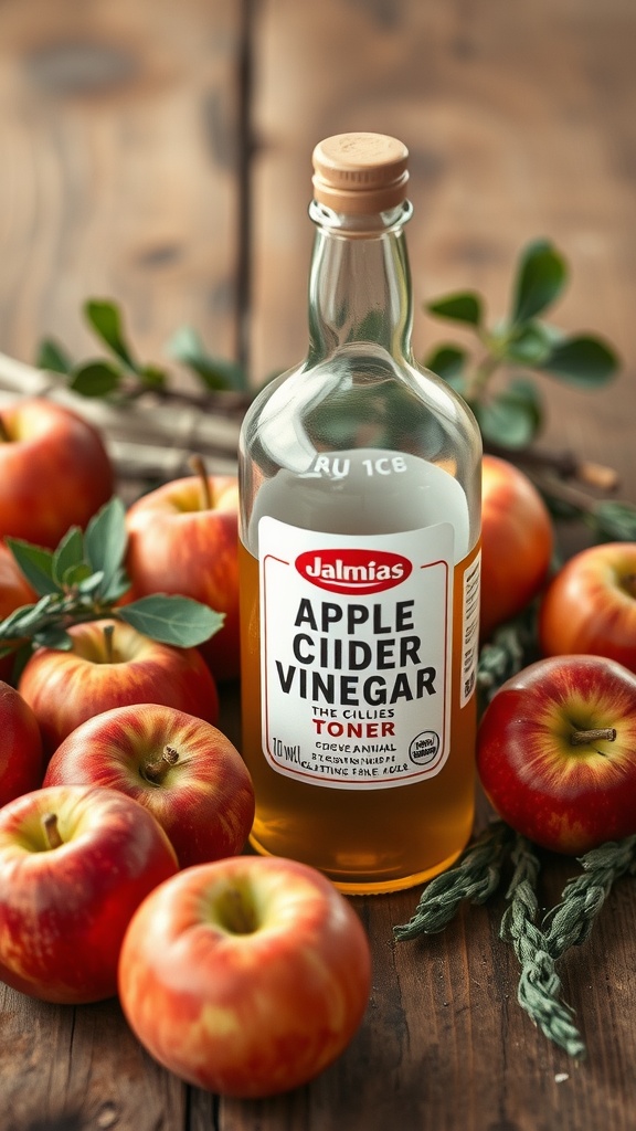 A bottle of apple cider vinegar with fresh apples, showcasing ingredients for a DIY toner recipe.