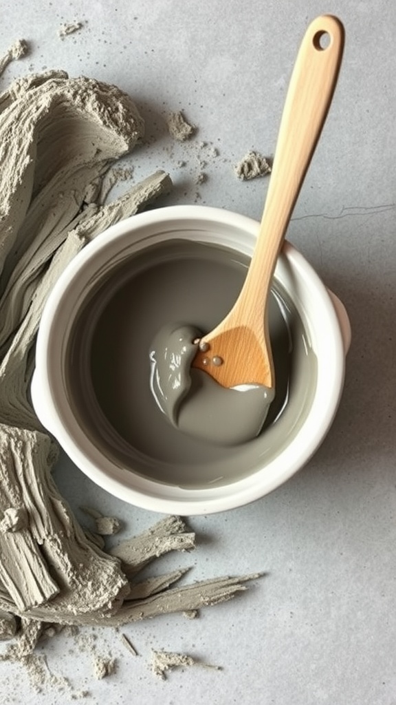 Bentonite clay mask in a bowl with a wooden spatula beside it
