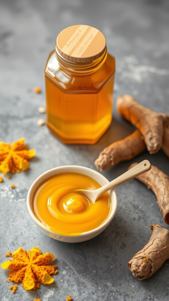 A bowl of vibrant yellow turmeric and honey paste with turmeric roots and a jar of honey in the background.